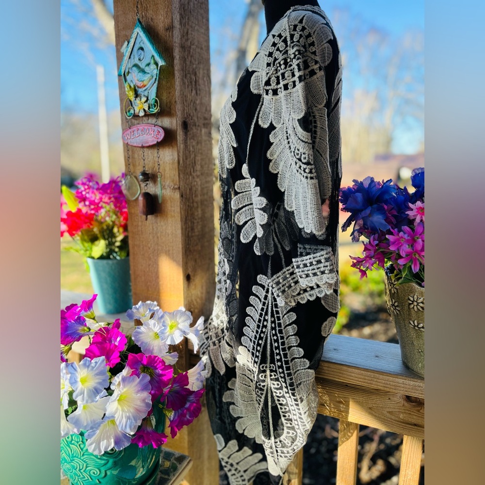 Ember Black Net W Ivory Embroidered Design Sheer Open Front Kimono Cardigan View 4